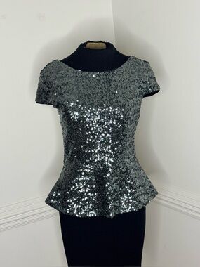 Gianni Bini Silver, Black, Turquoise Sequin Peplum Top